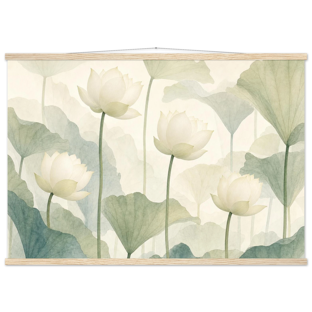 Ivory Lotus Screen, flowers and botanical. Archival fine art poster shown framed.