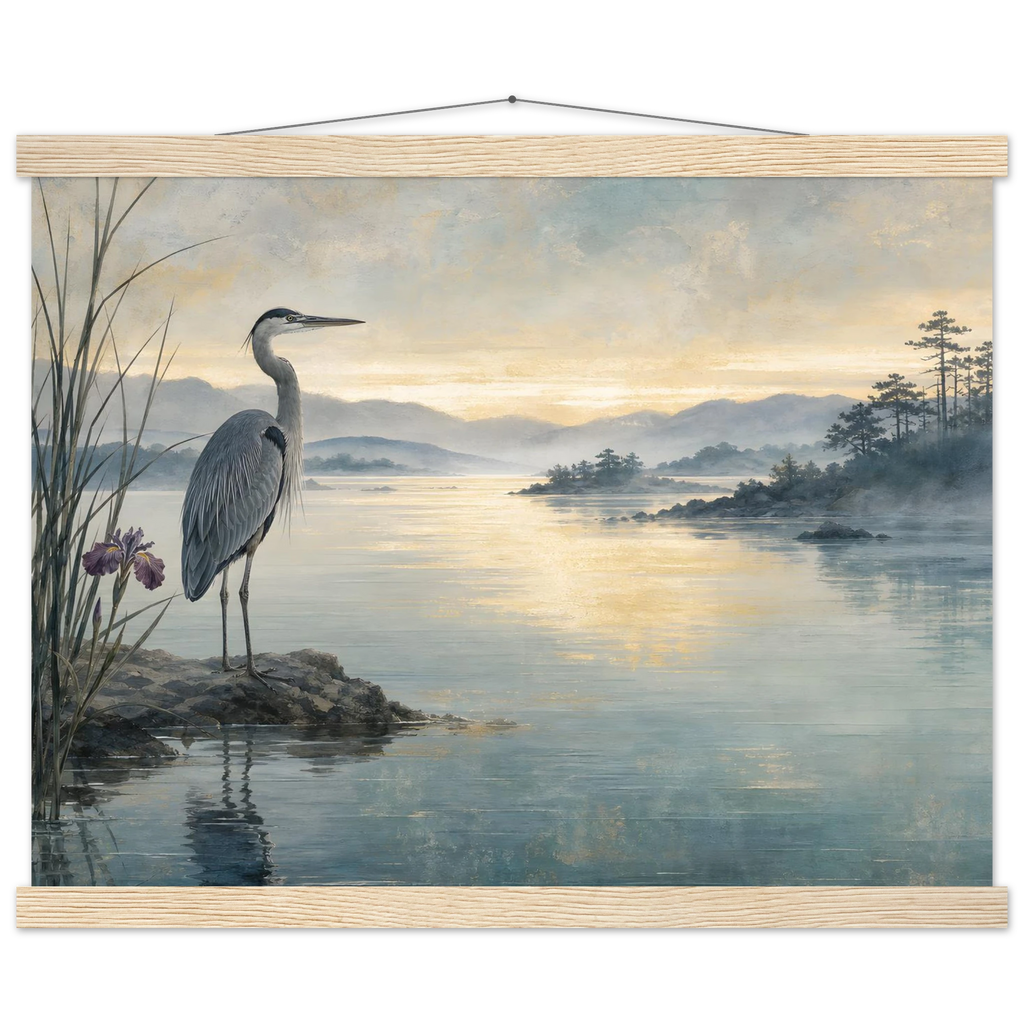 Heron at Dawn: japanese art and japandi. Fine art poster, alternate frame and size.