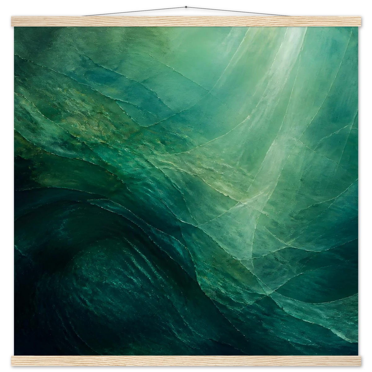 Jade Undertow: ocean, marine abstract and mineral green. Fine art poster with wooden hanger by The Light Stays.