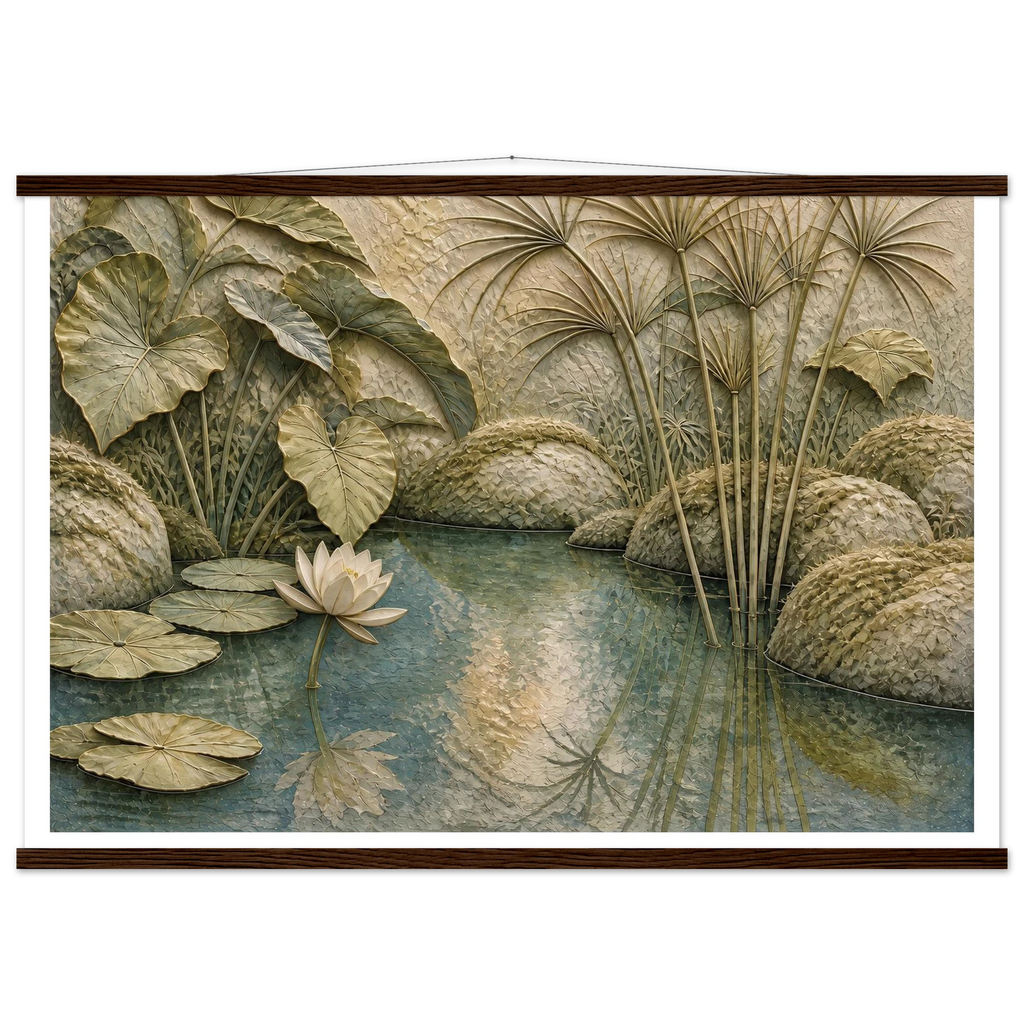 Papyrus Pond: lake, papyrus and serene greens. Fine art poster, alternate frame and size.