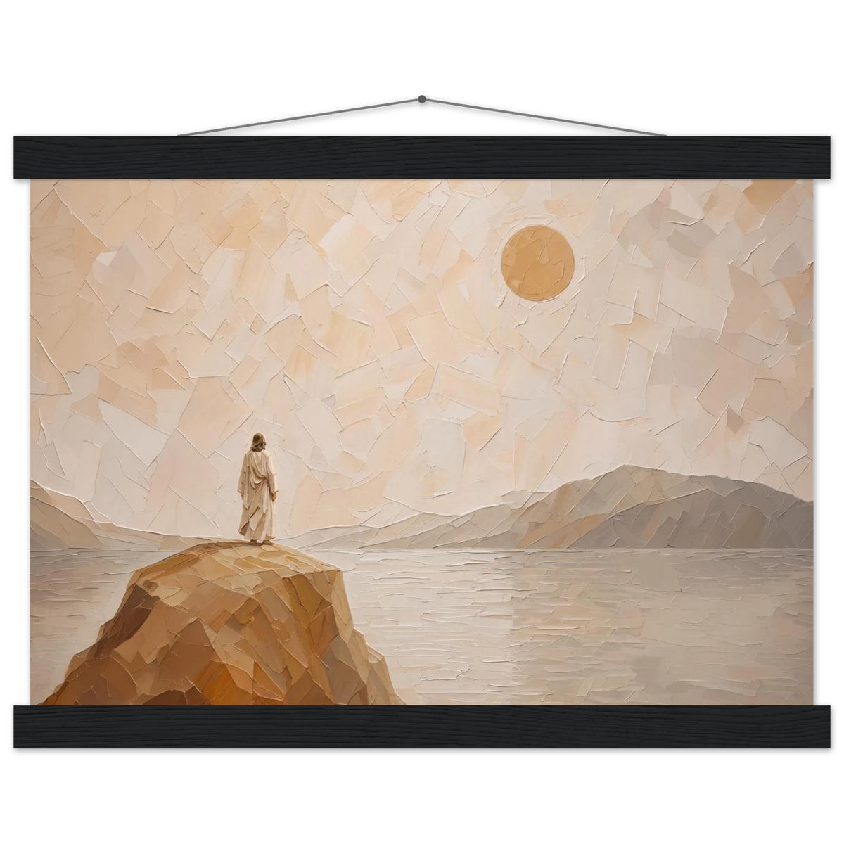 Salt Shore: jesus, cliff and sea. Fine art poster with wooden hanger by The Light Stays.