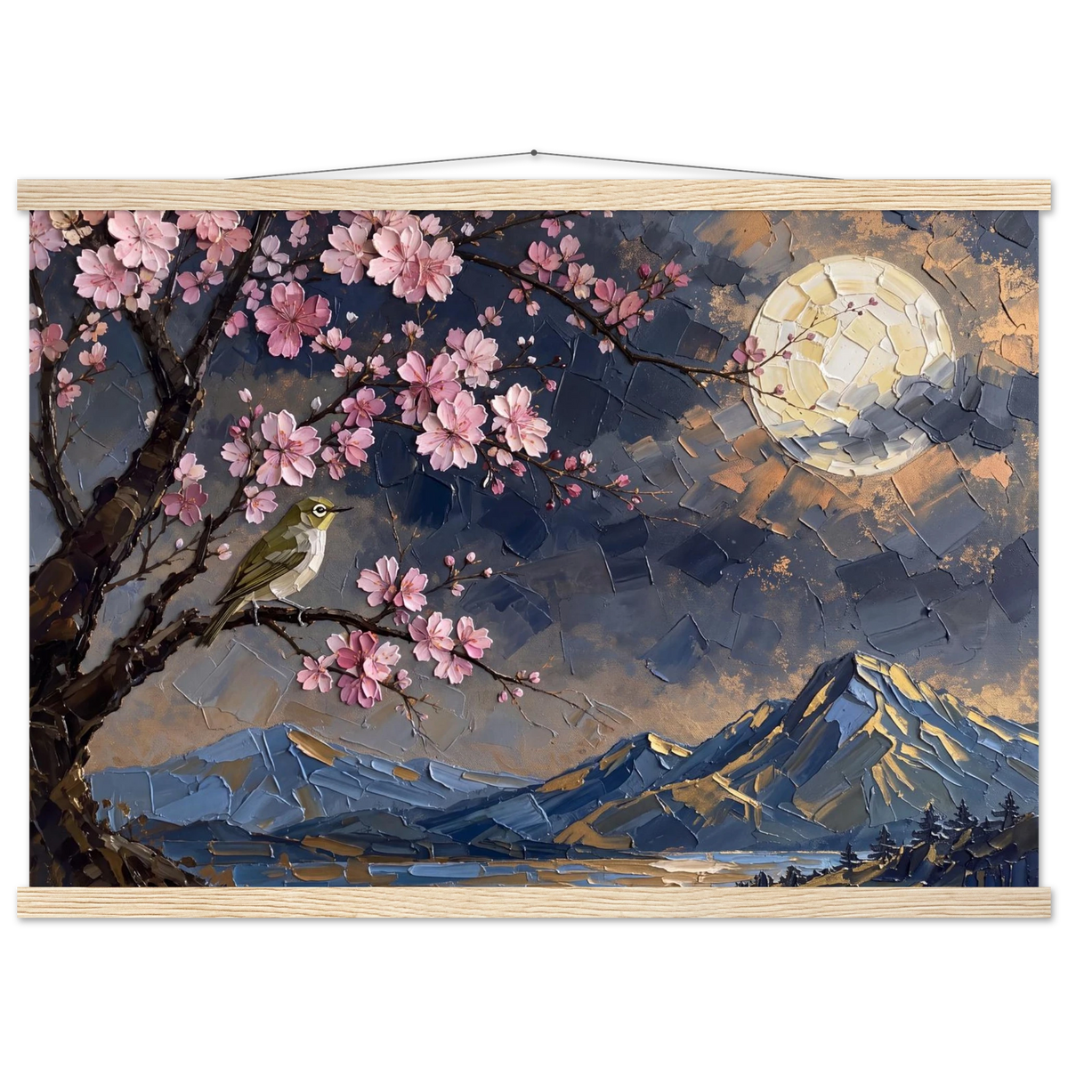 Blossom Moon: cherry blossom, japanese landscape and night. Fine art poster with wooden hanger by The Light Stays.
