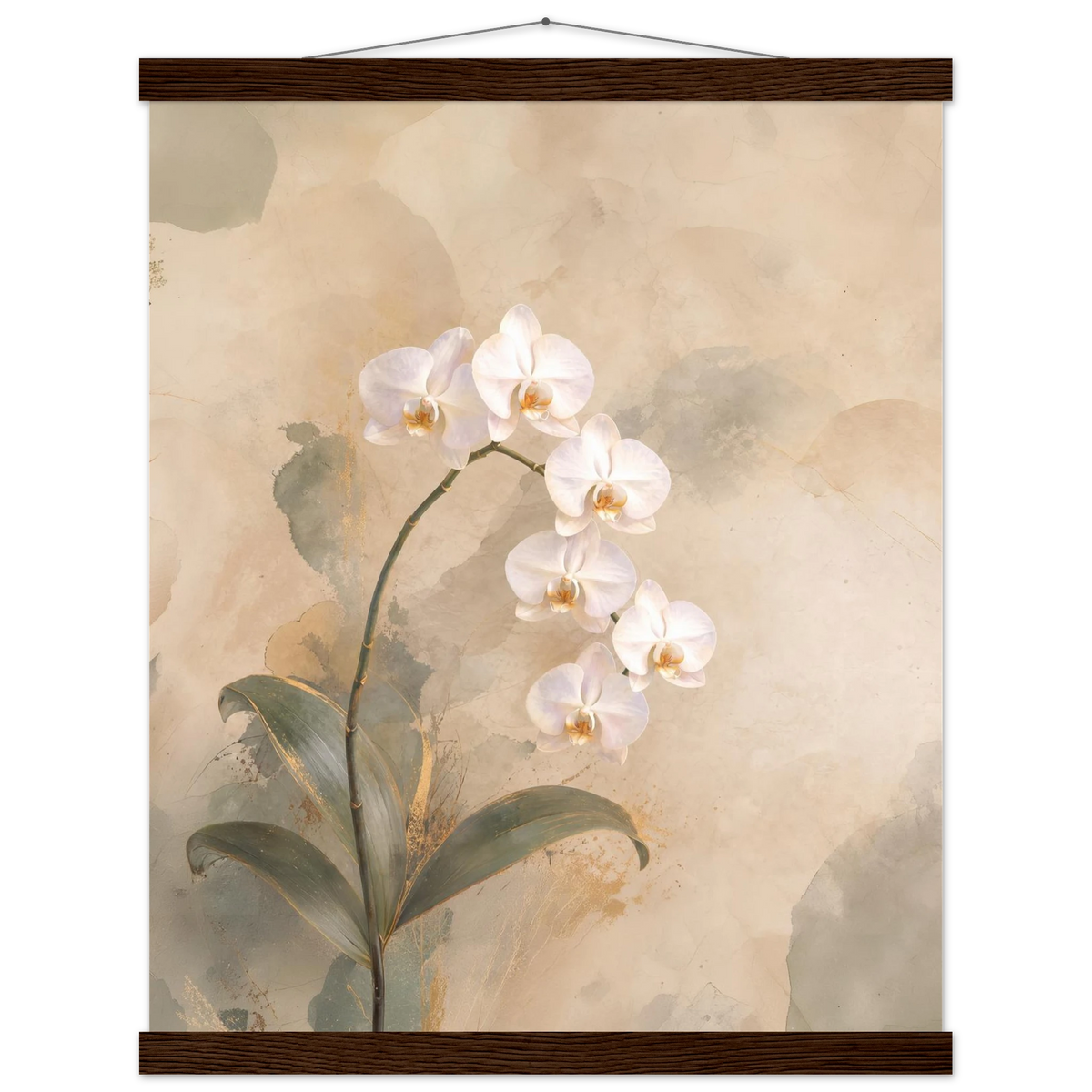 Orchid Luminance: botanical, pale gold and floral art. Fine art poster with wooden hanger by The Light Stays.