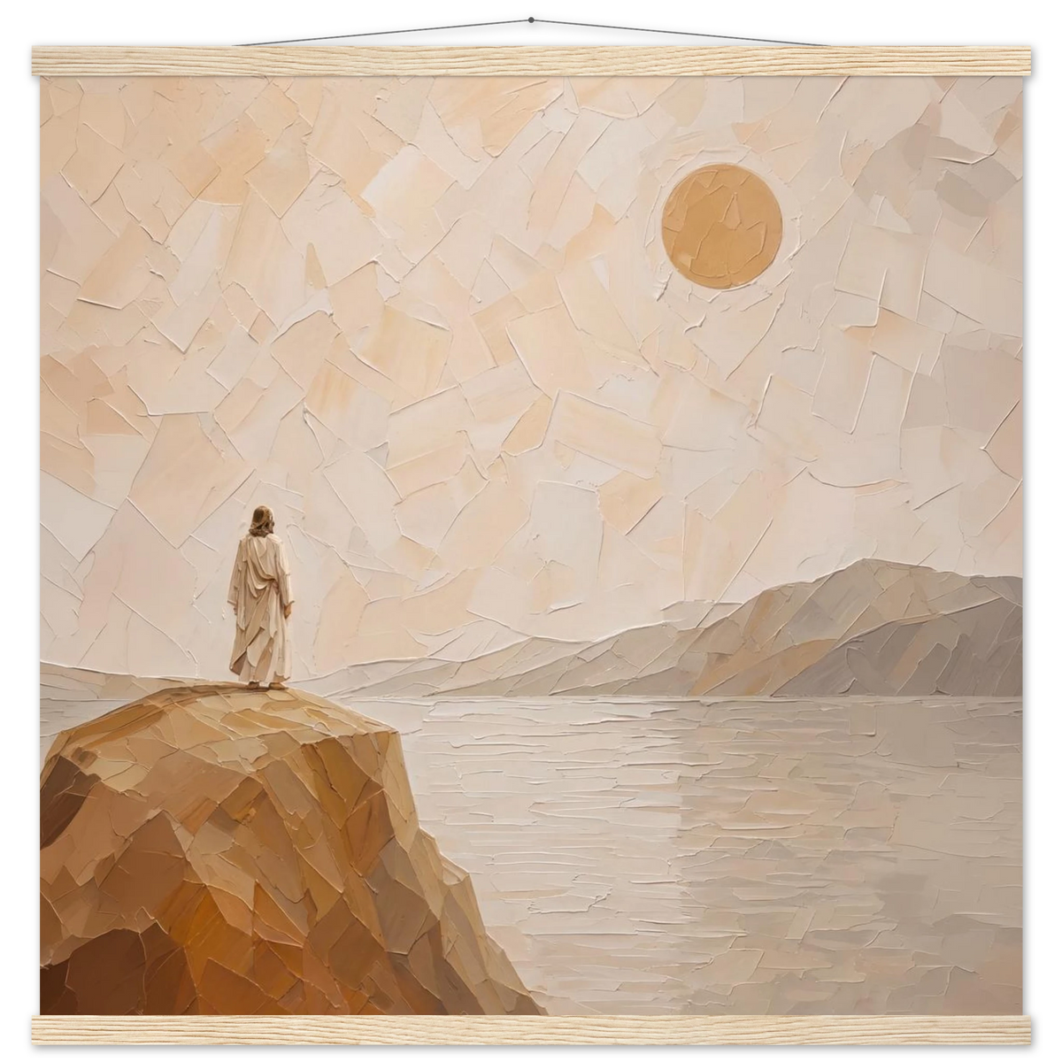 Salt Shore: jesus, cliff and sea. Fine art poster with wooden hanger by The Light Stays.