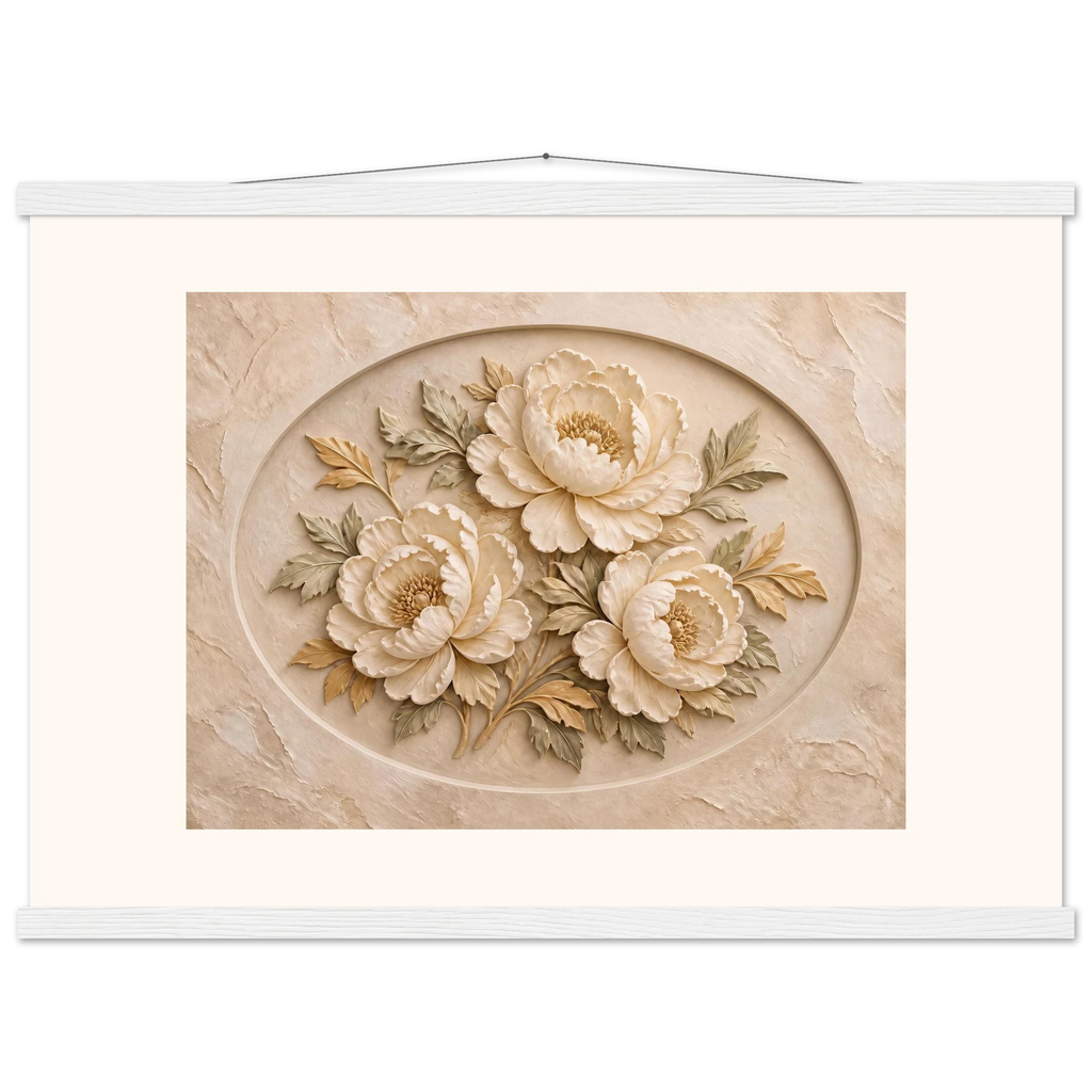 Peonies in Stone, flowers and botanical. Archival fine art poster shown framed.
