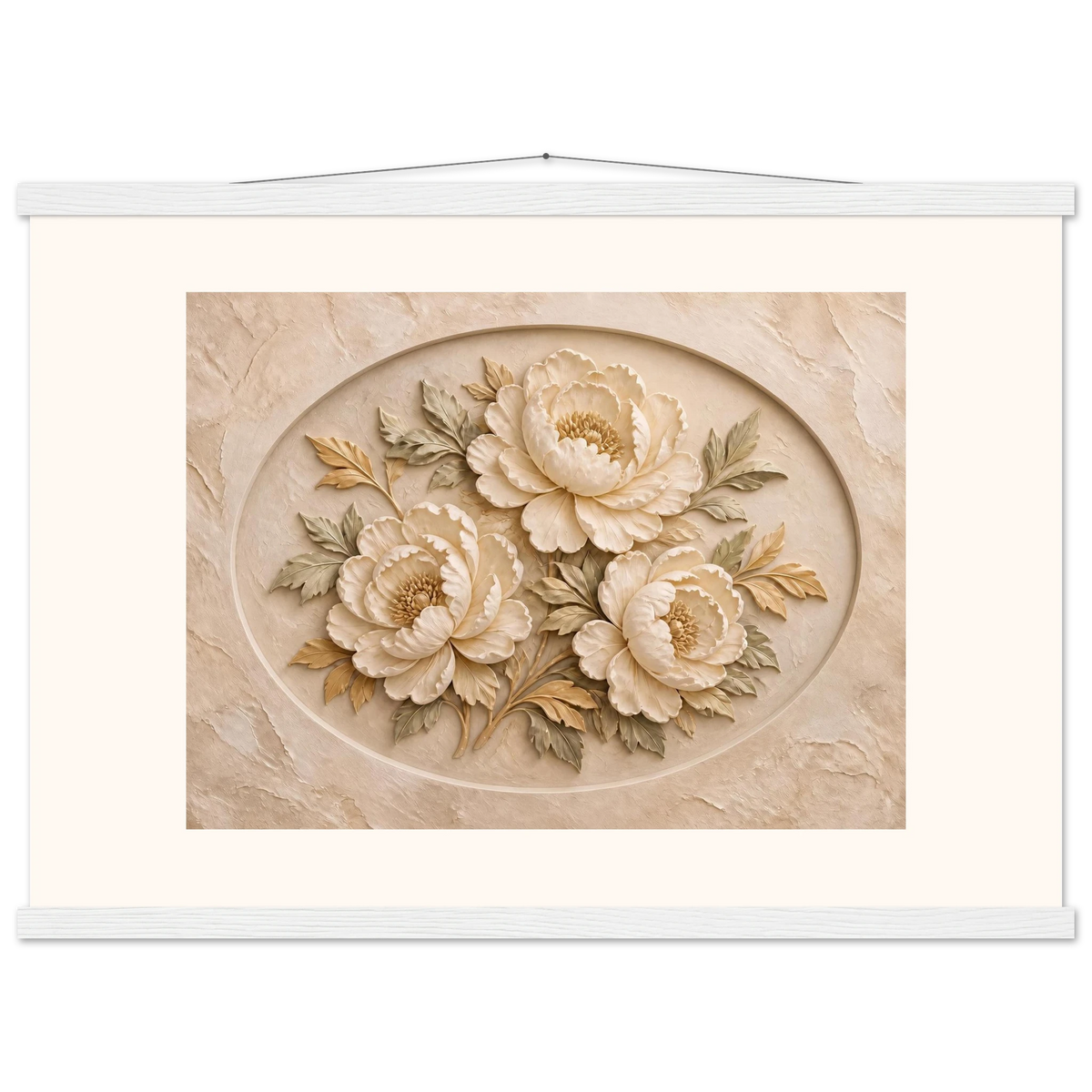 Peonies in Stone, flowers and botanical. Archival fine art poster shown framed.