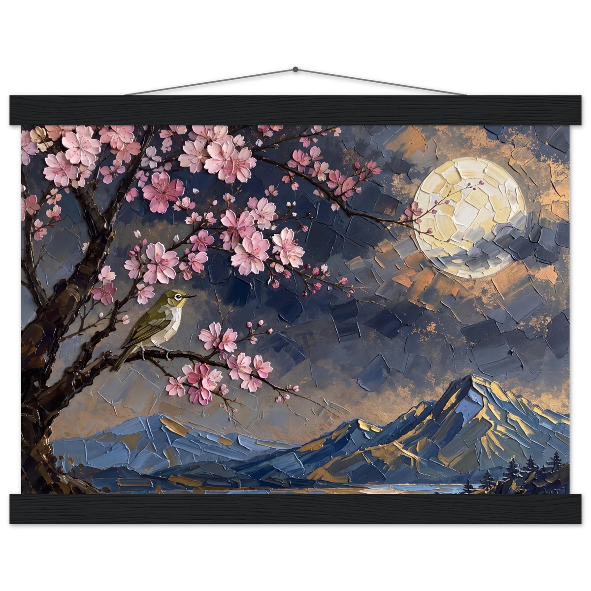 Blossom Moon: cherry blossom, japanese landscape and night. Fine art poster with wooden hanger by The Light Stays.
