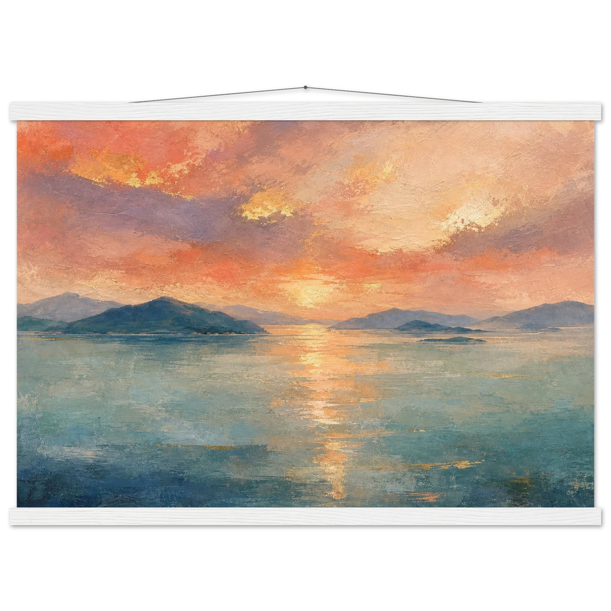 Setouchi Peach Dawn: inland sea, islands and golden reflection. Fine art poster with wooden hanger by The Light Stays.