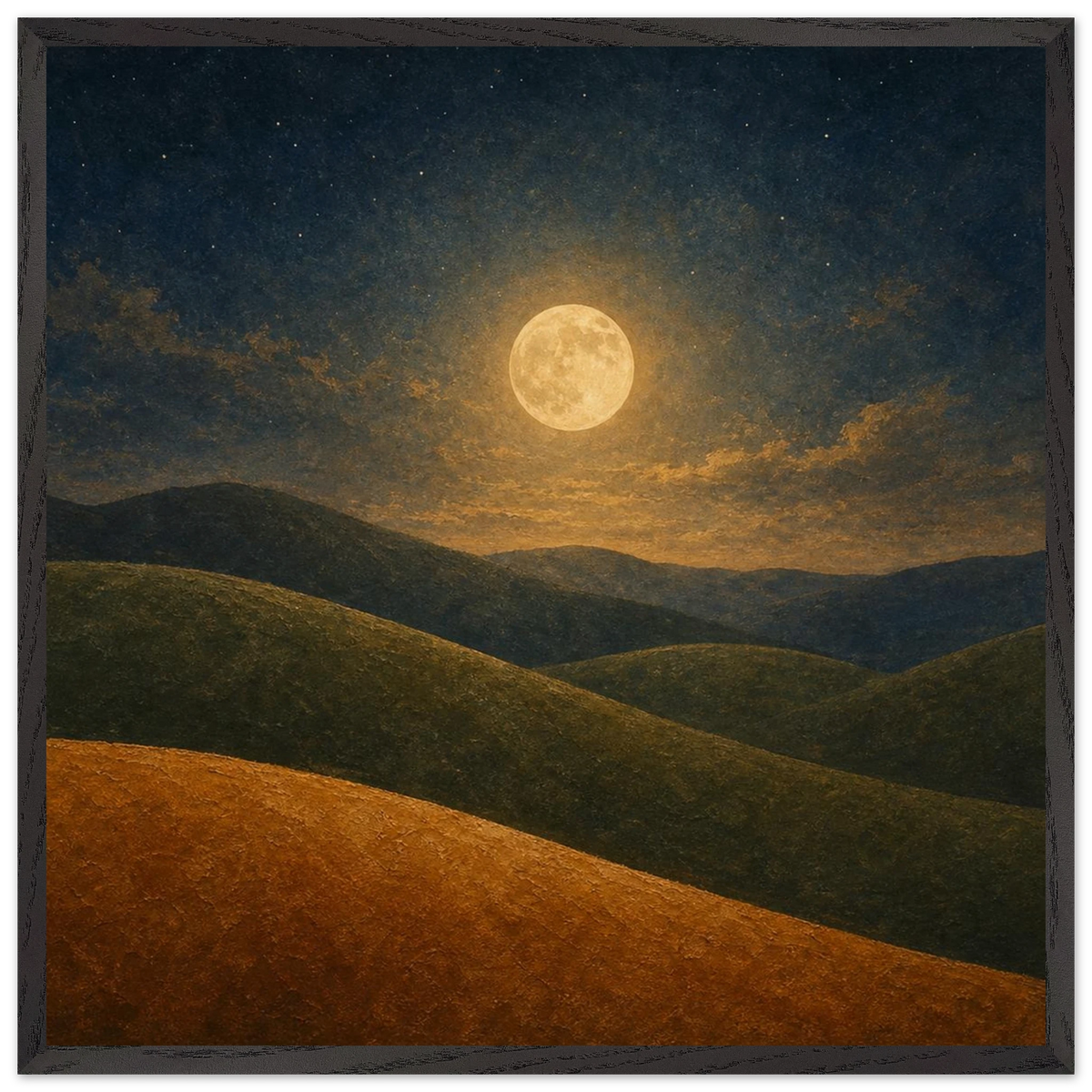 Moon Hills: night, minimalist landscape and charcoal. Framed fine art print by The Light Stays.