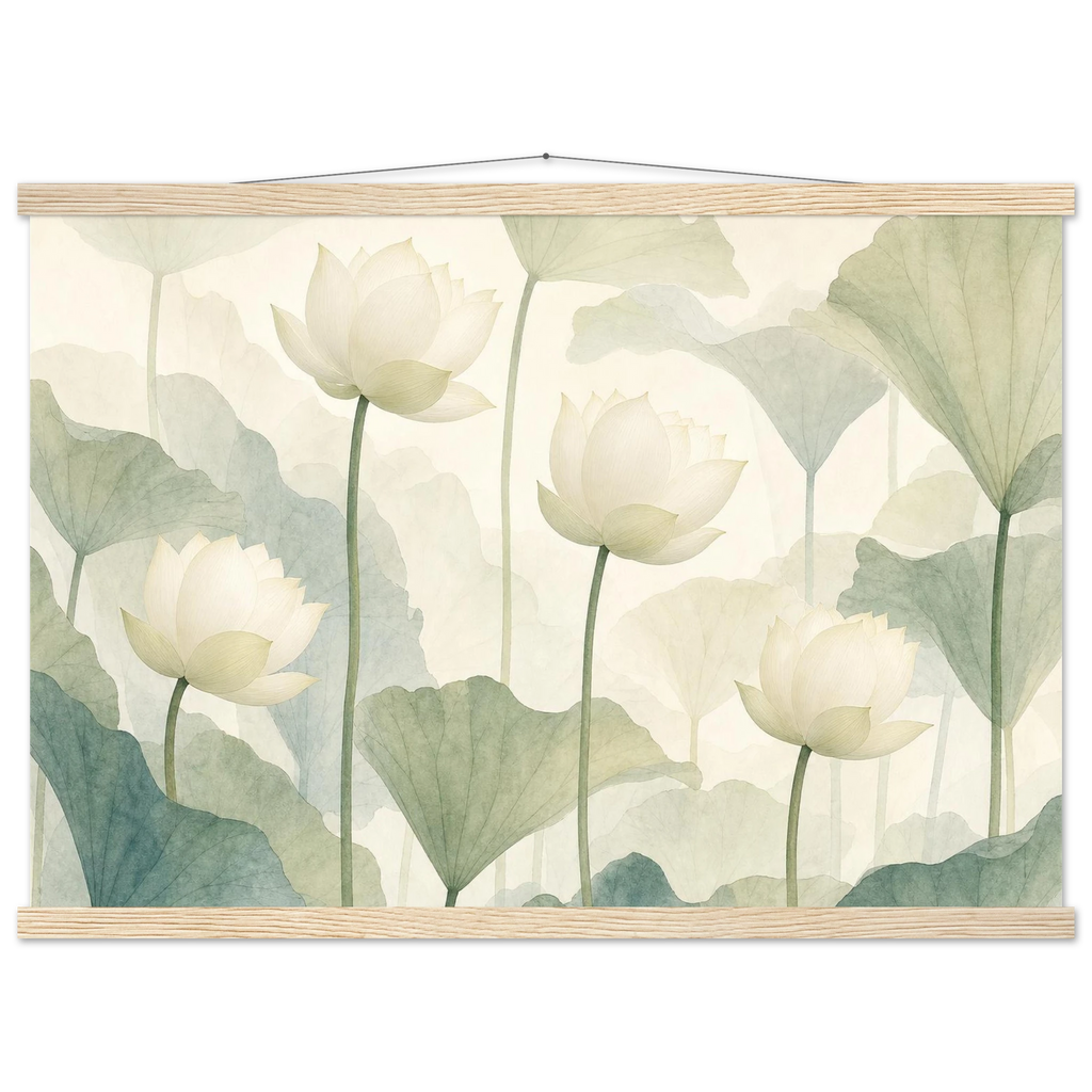 Ivory Lotus Screen, flowers and botanical. Archival fine art poster shown framed.