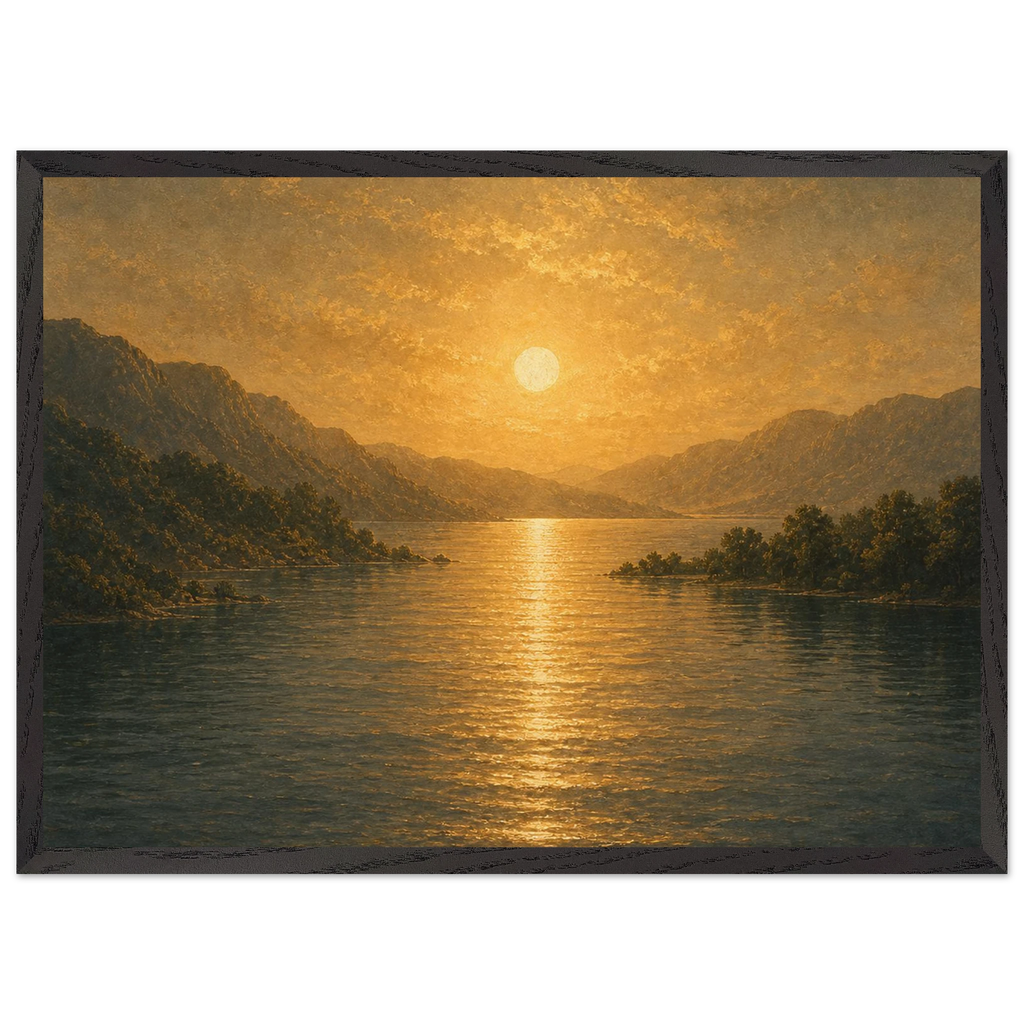 Quadro emoldurado Reflexo Dourado, lago e montanhas sob luz dourada