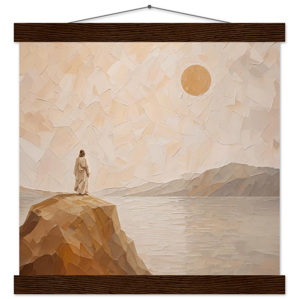 Salt Shore: jesus, cliff and sea. Fine art poster with wooden hanger by The Light Stays.
