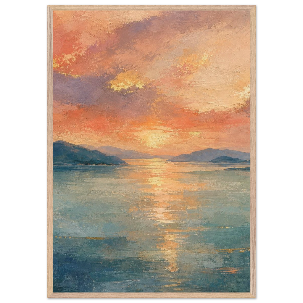 Setouchi Peach Dawn: riviera and japandi. Framed fine art print by The Light Stays.