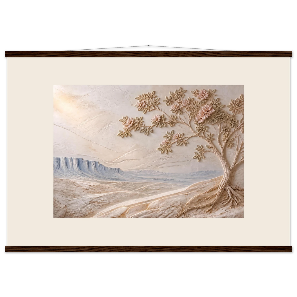 Cliffside Bloom, petra and flora. Archival fine art poster shown framed.