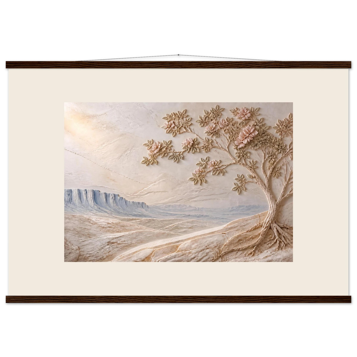 Cliffside Bloom, petra and flora. Archival fine art poster shown framed.