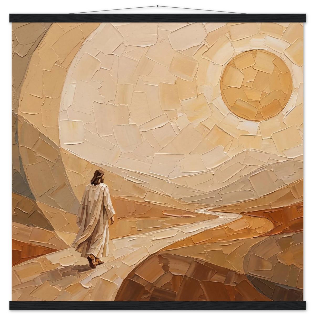 Lightfall: jesus, landscape and golden tones. Fine art poster with wooden hanger by The Light Stays.
