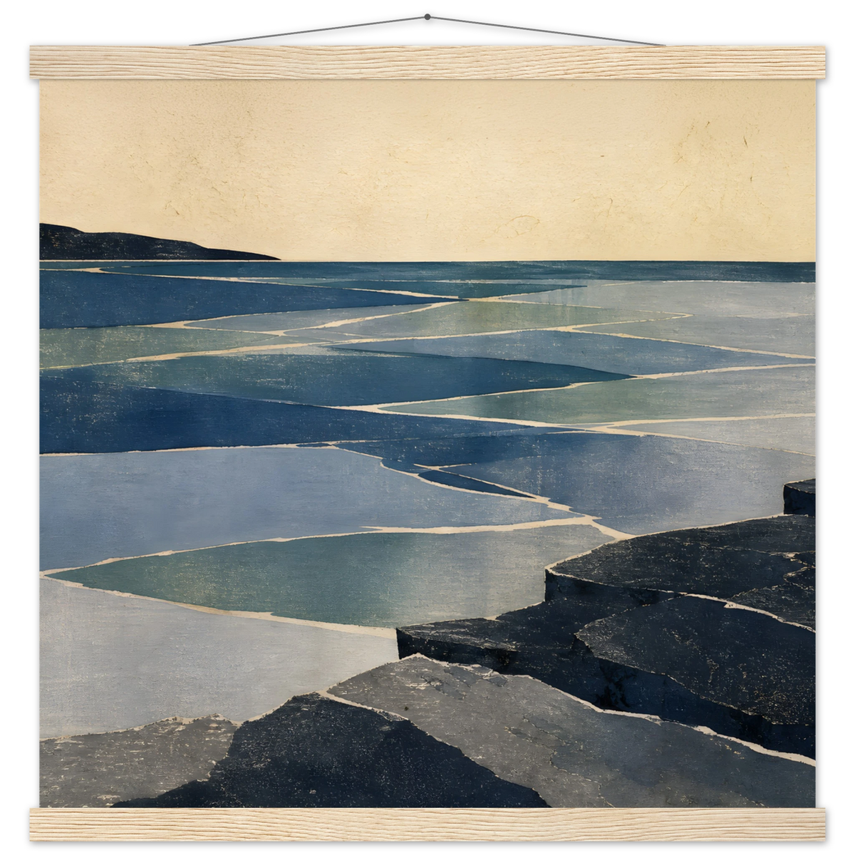 Indigo Tide: coastal landscape, jade water and japandi. Fine art poster with wooden hanger by The Light Stays.