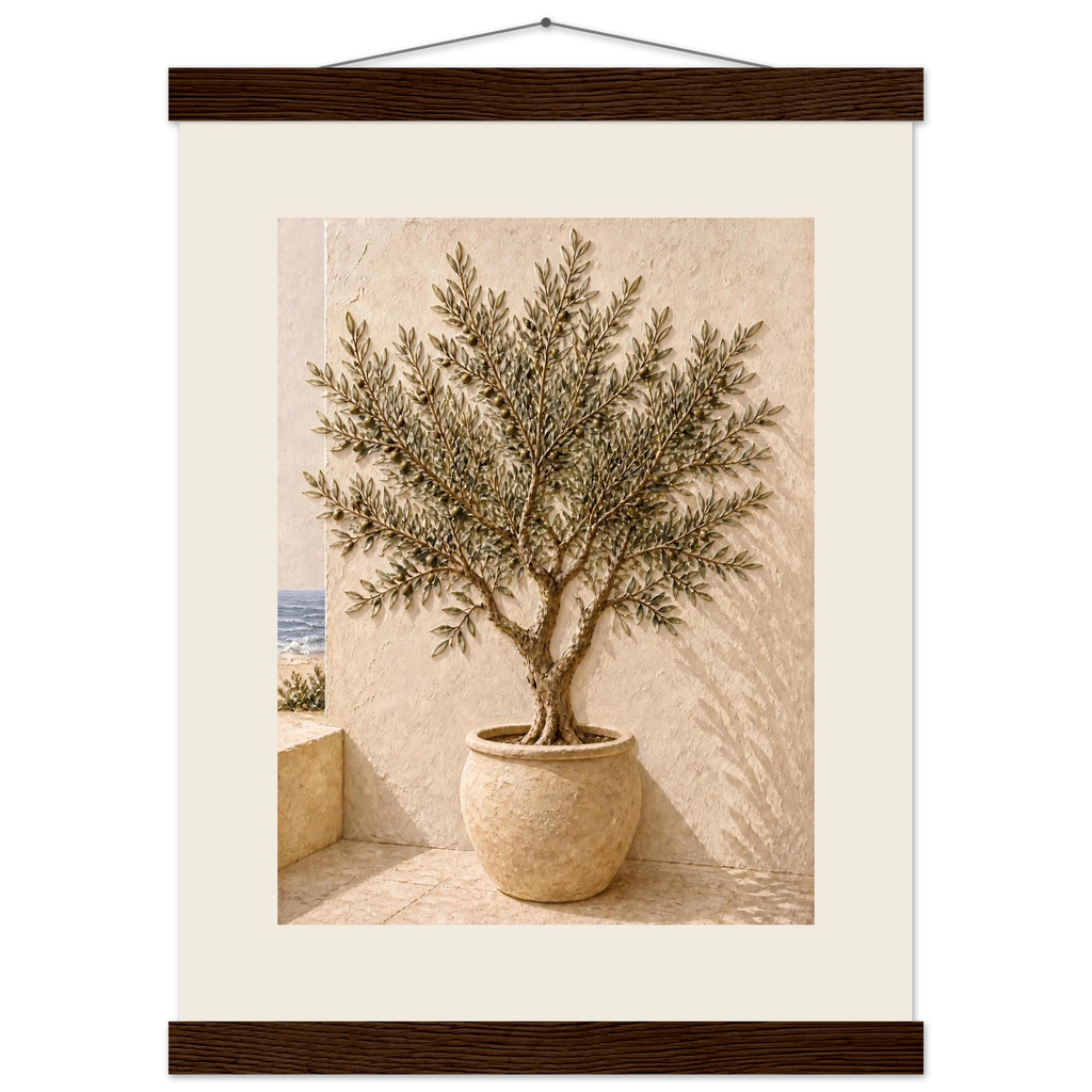Olive Terrace, landscape and sun. Archival fine art poster shown framed.