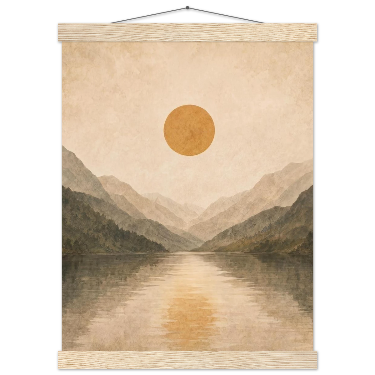 Lake Mirror: mountains, sunset and sun reflection. Fine art poster with wooden hanger by The Light Stays.