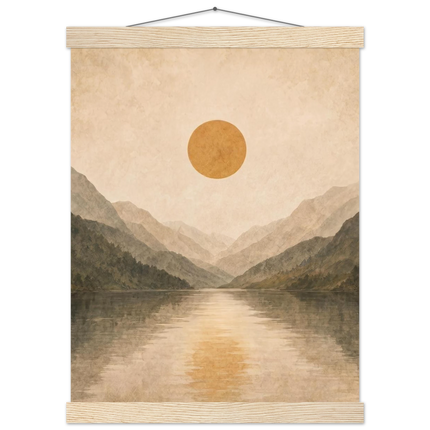 Lake Mirror: mountains, sunset and sun reflection. Fine art poster with wooden hanger by The Light Stays.