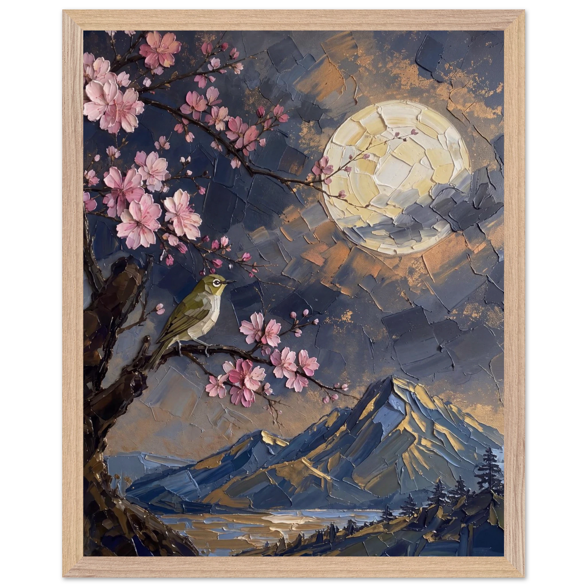 Blossom Moon: cherry blossom, japanese landscape and night. Framed fine art print by The Light Stays.