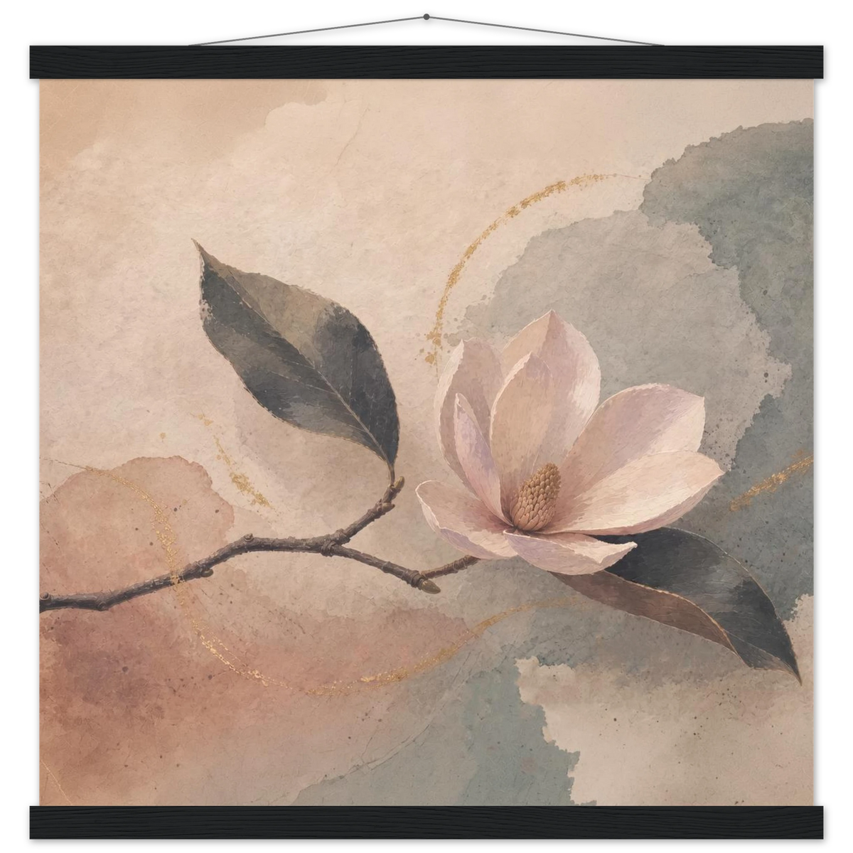 Magnolia Reverie: botanical, sage and japandi. Fine art poster with wooden hanger by The Light Stays.