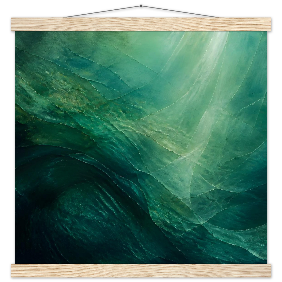Jade Undertow: ocean, marine abstract and mineral green. Fine art poster with wooden hanger by The Light Stays.