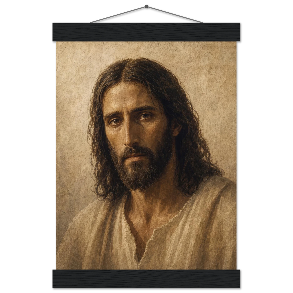 Pôster Kind Eyes com suporte de madeira, retrato sereno de Jesus em luz quente
