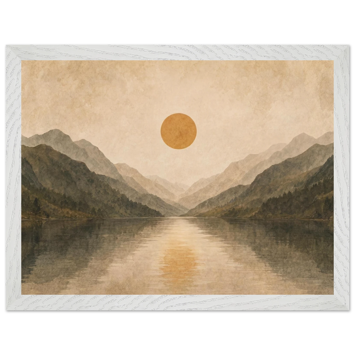Lake Mirror: mountains, sunset and sun reflection. Framed fine art print by The Light Stays.