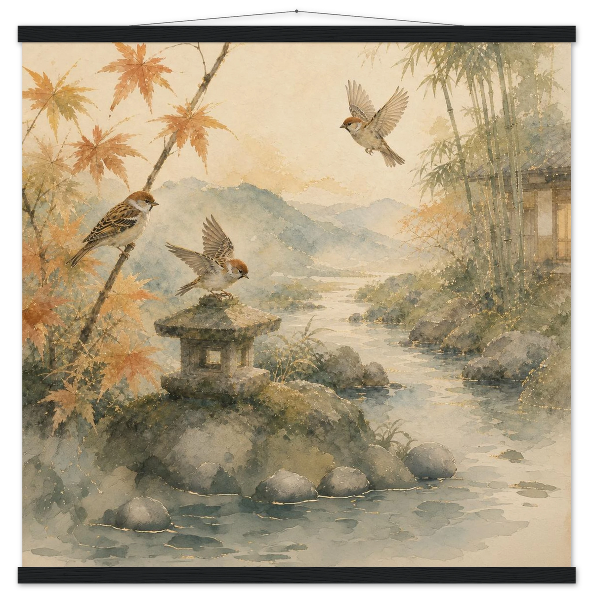Three Birds Morning: birds, japanese landscape and japandi. Fine art poster with wooden hanger by The Light Stays.