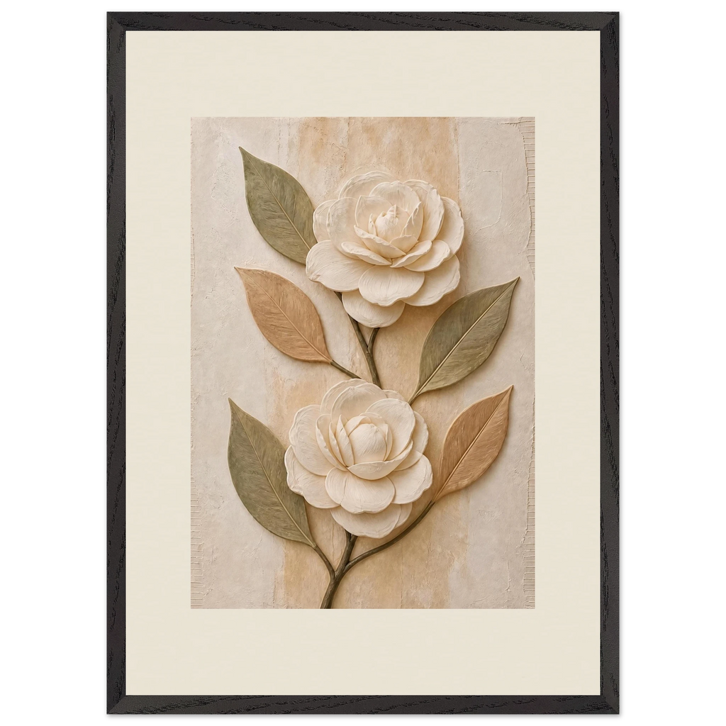 Carved Camellia: flowers and botanical. Framed fine art print, alternate frame and size.