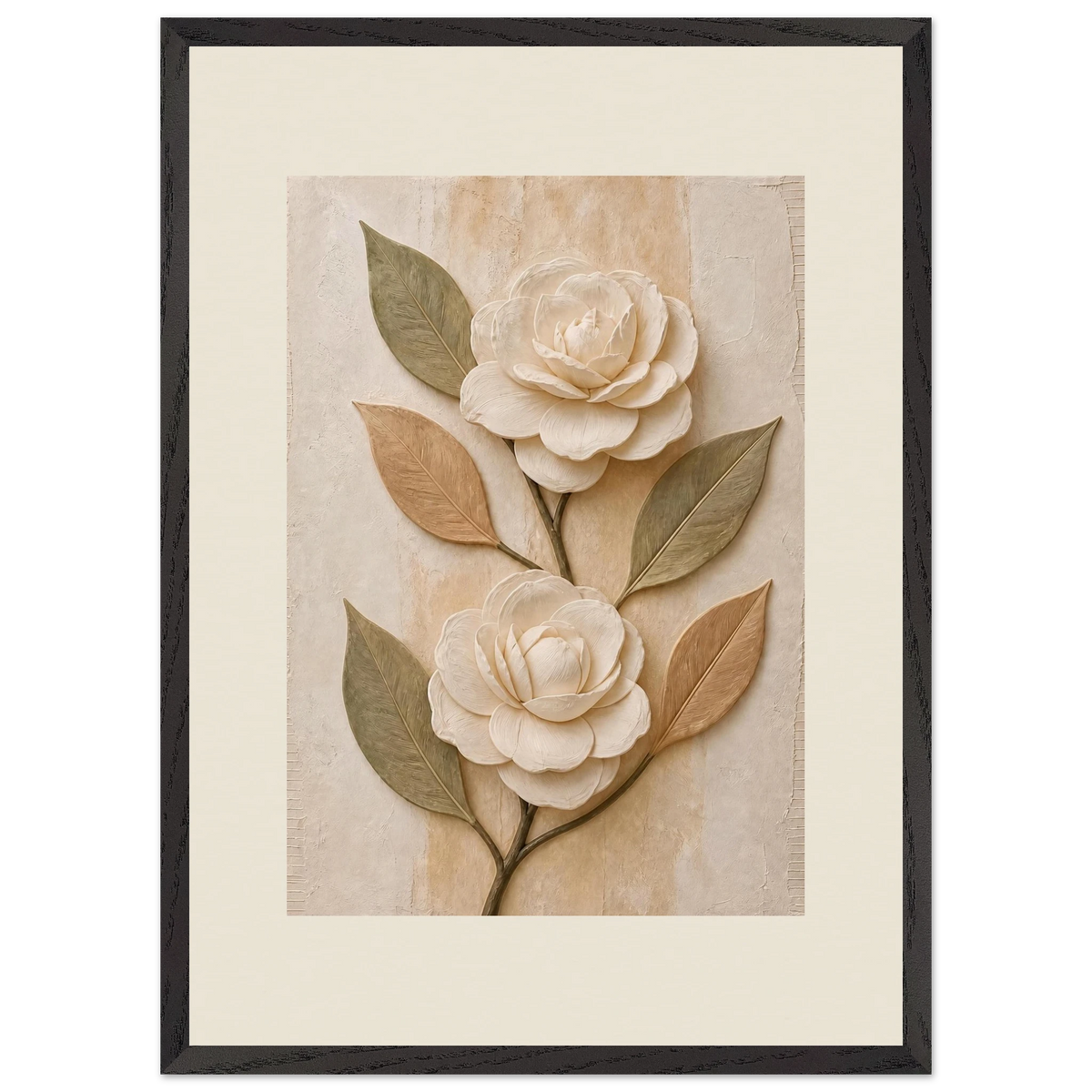 Carved Camellia: flowers and botanical. Framed fine art print, alternate frame and size.