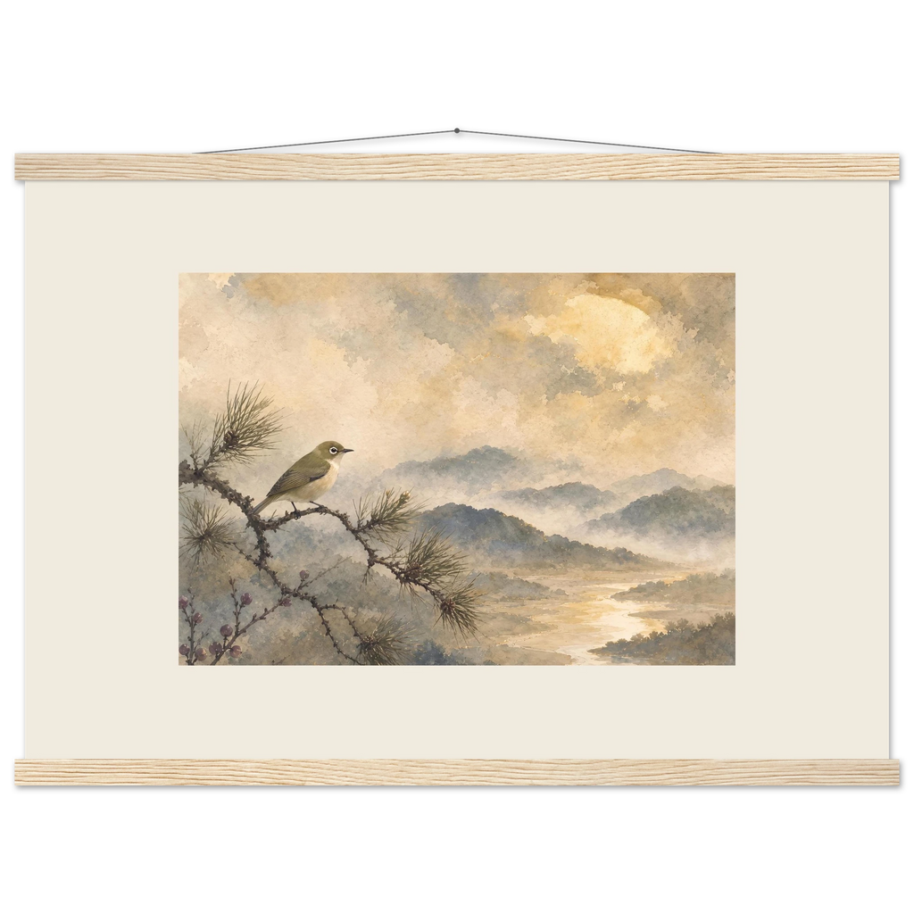 Golden Moon Bird: japanese art and japandi. Museum-quality fine art poster.