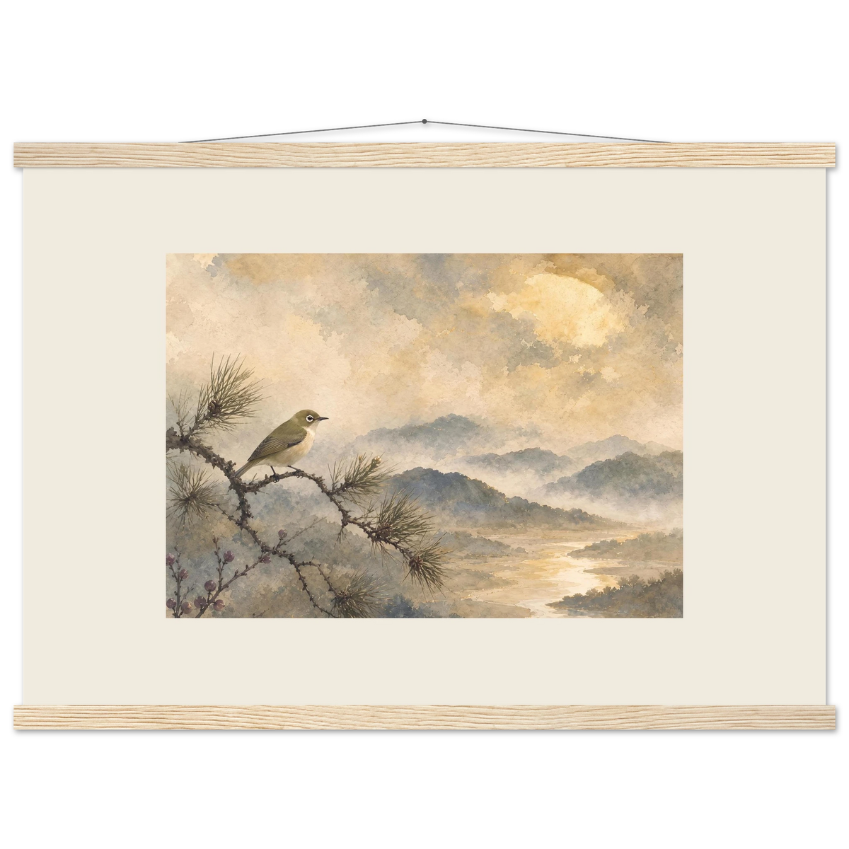Golden Moon Bird: japanese art and japandi. Museum-quality fine art poster.