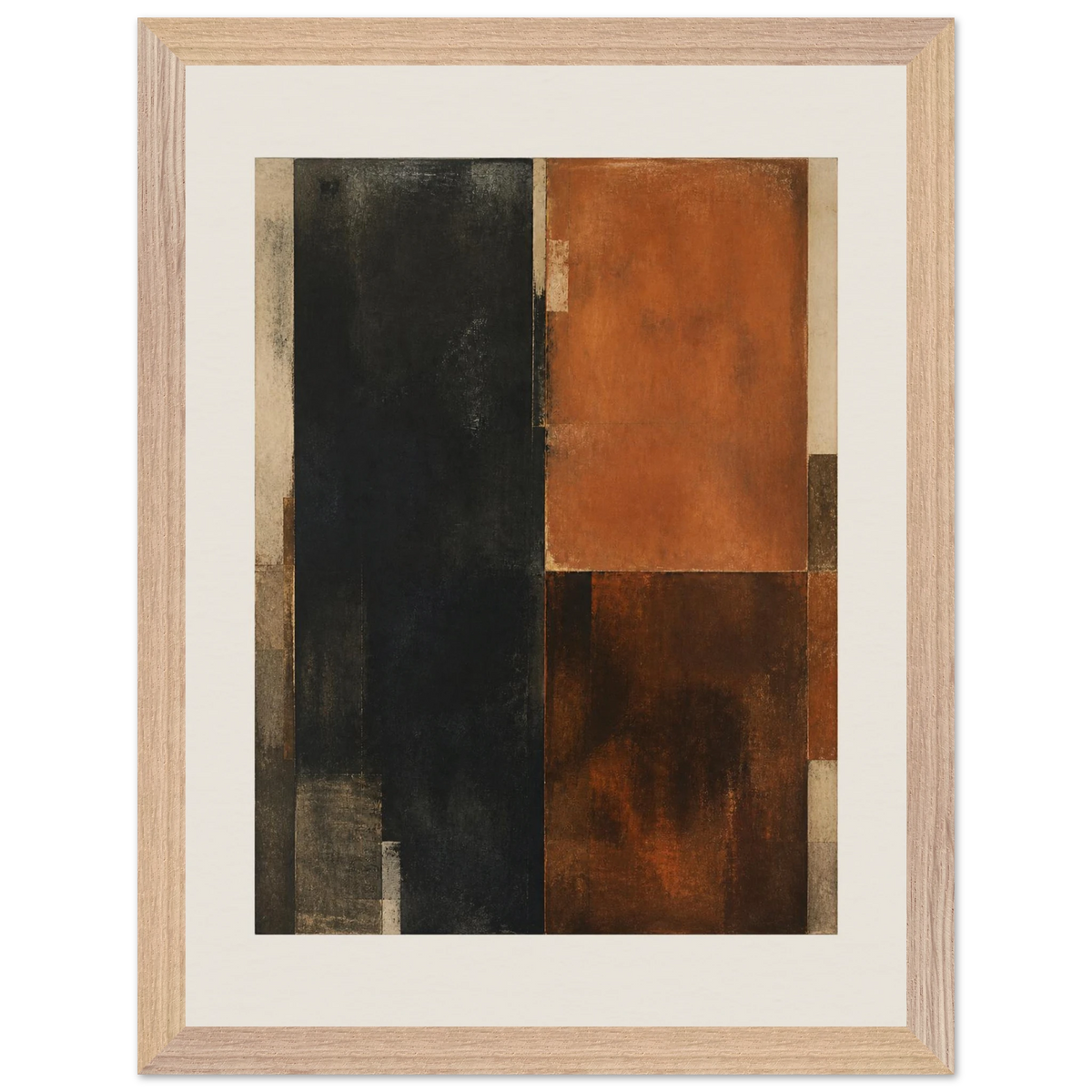 Earth and Charcoal Diptych, Panel I of II, abstract, geometry and mineral palette. Archival framed fine art print shown framed.