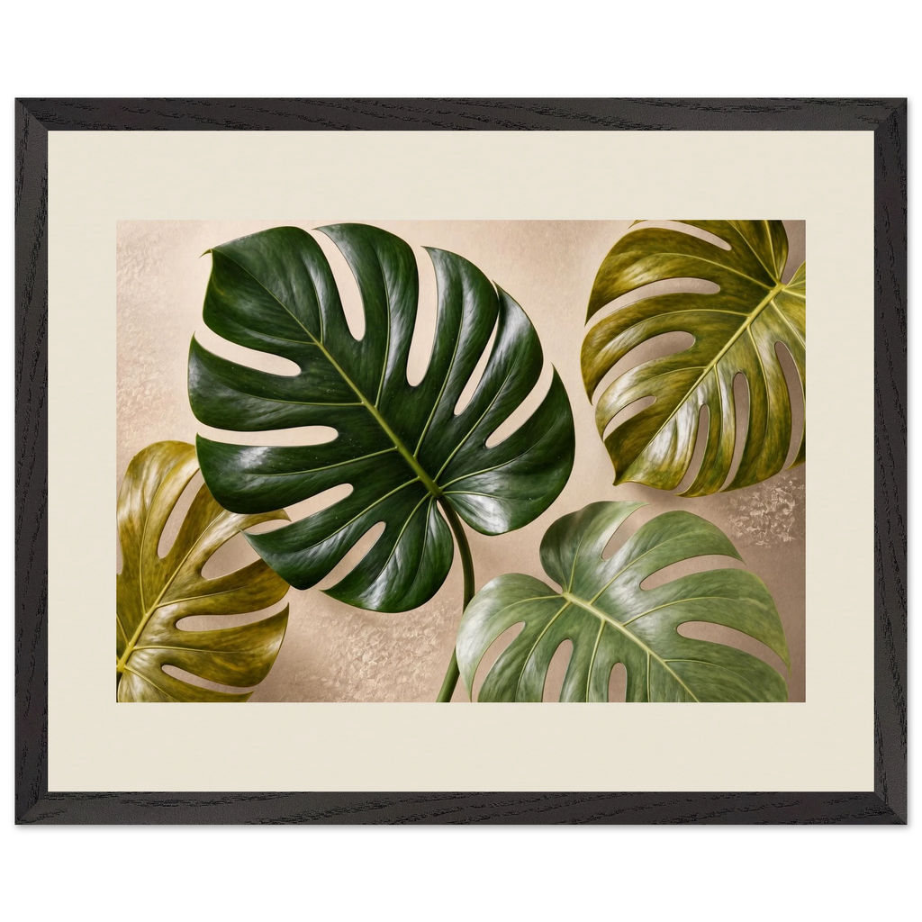 Four Greens: leaves, vivid green and impasto. Museum-quality framed fine art print.