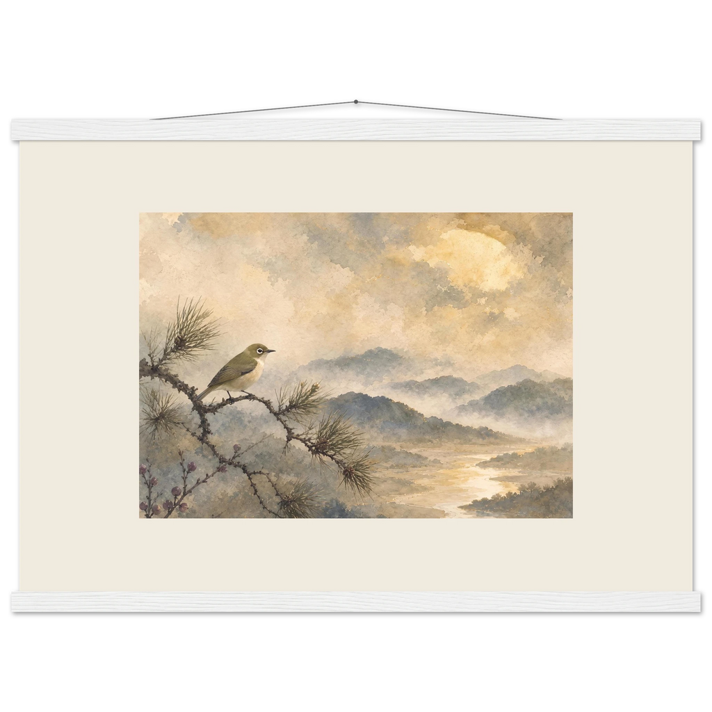 Golden Moon Bird, japanese art and japandi. Archival fine art poster shown framed.