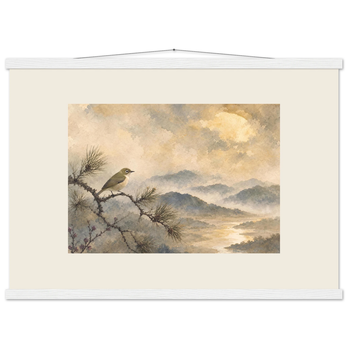 Golden Moon Bird, japanese art and japandi. Archival fine art poster shown framed.