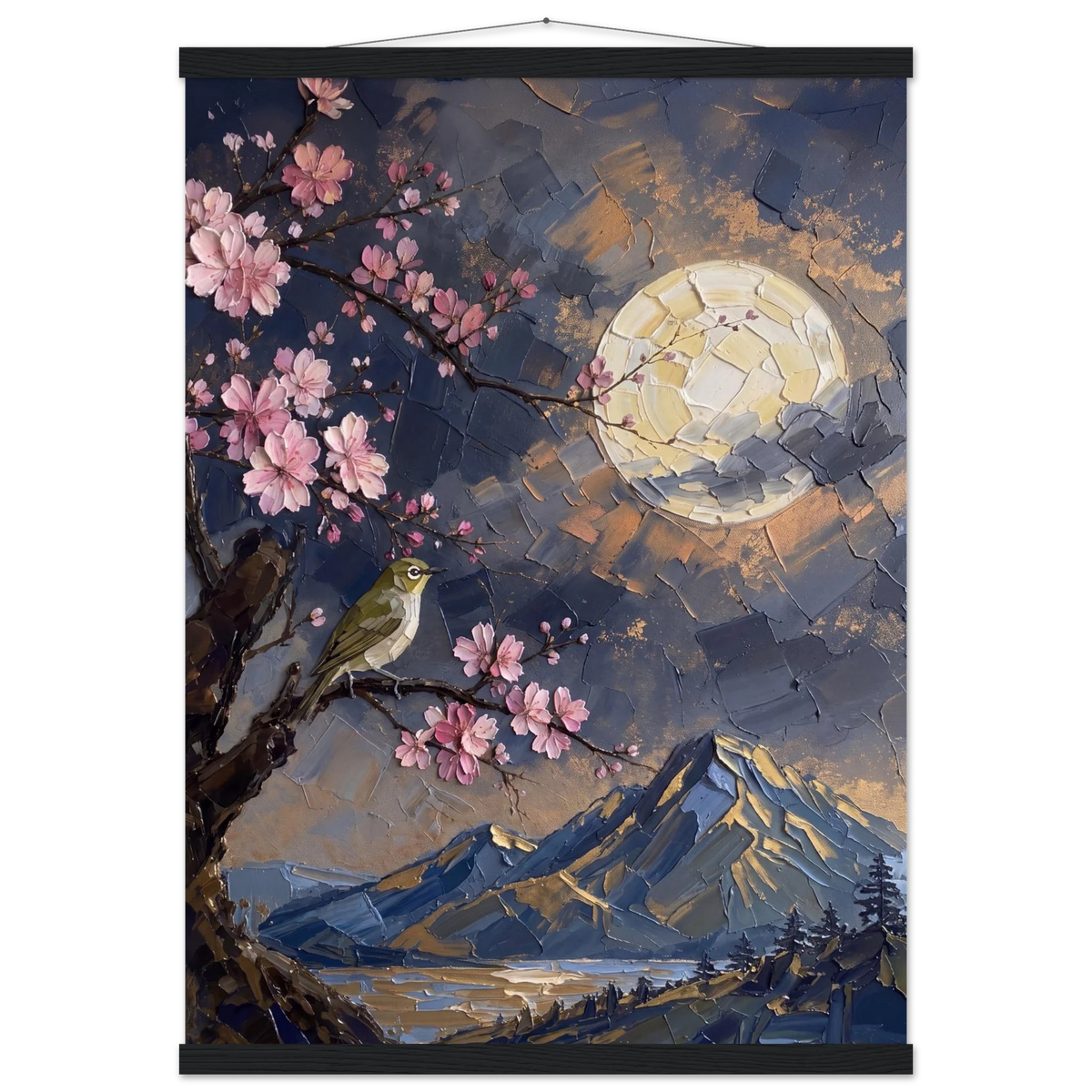 Blossom Moon: cherry blossom, japanese landscape and night. Fine art poster with wooden hanger by The Light Stays.