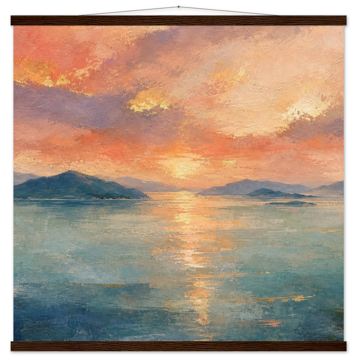 Setouchi Peach Dawn: inland sea, islands and golden reflection. Fine art poster with wooden hanger by The Light Stays.