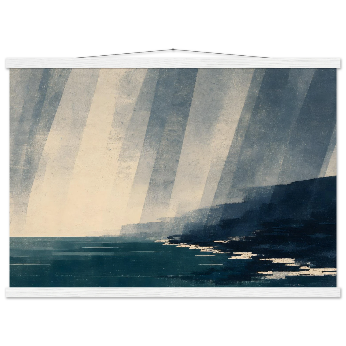 Rain Coast: japandi, teal blue and atmosphere. Fine art poster with wooden hanger by The Light Stays.