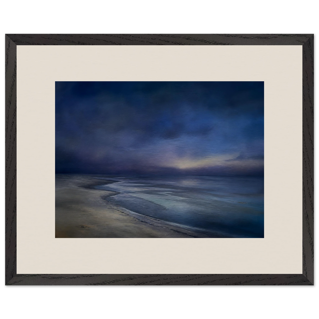 Blue Hour Shore: sea and coastal landscape. Framed fine art print, alternate frame and size.