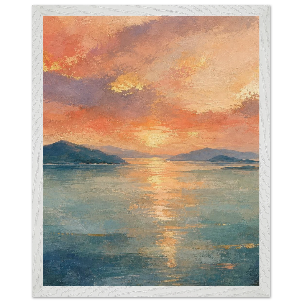 Setouchi Peach Dawn: riviera and japandi. Framed fine art print, alternate frame and size.