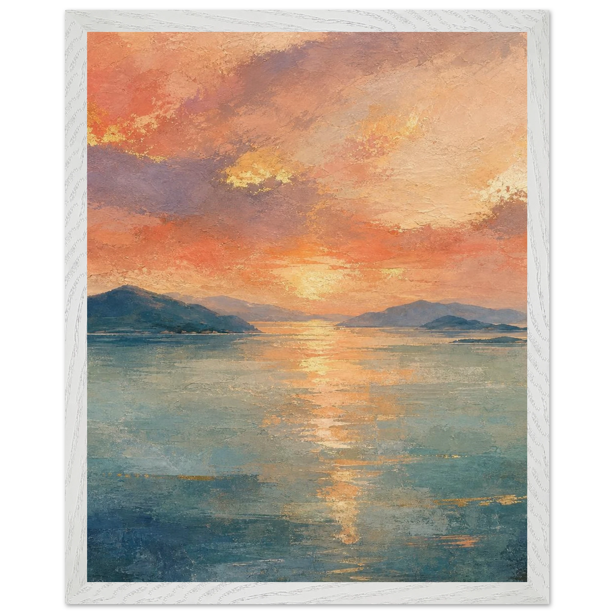 Setouchi Peach Dawn: riviera and japandi. Framed fine art print, alternate frame and size.