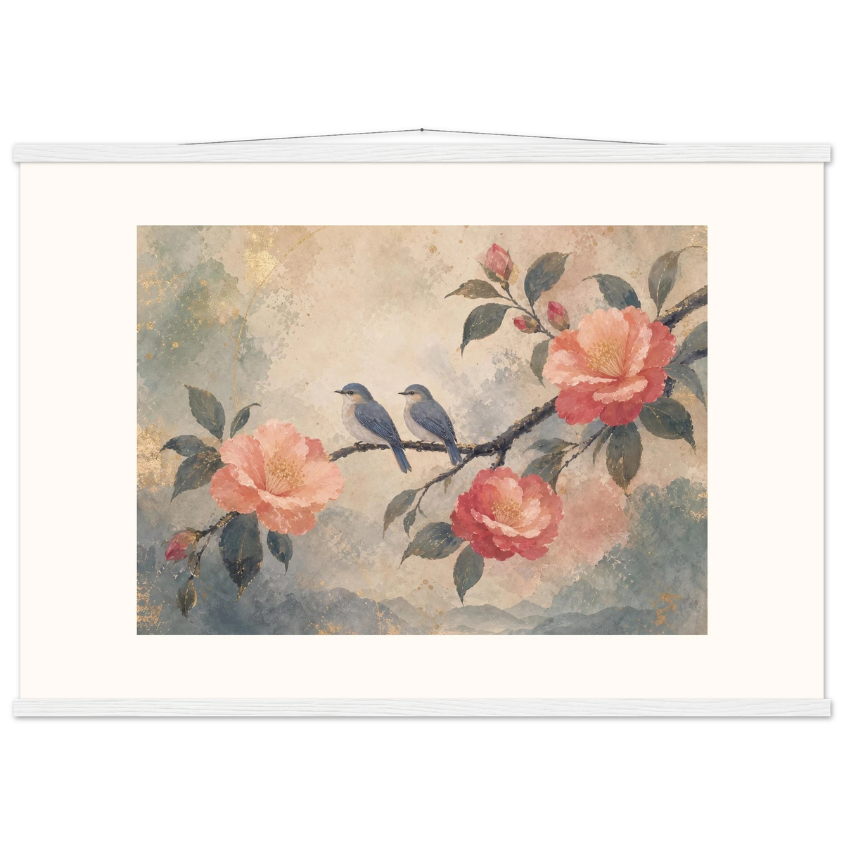 Camellia Birds: flowers and botanical. Museum-quality fine art poster.