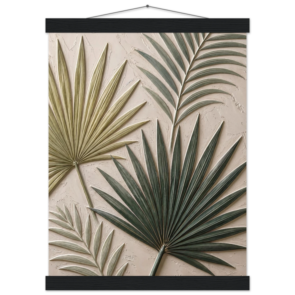 Carved Fronds, impasto, leaves and sand tones. Archival fine art poster shown framed.