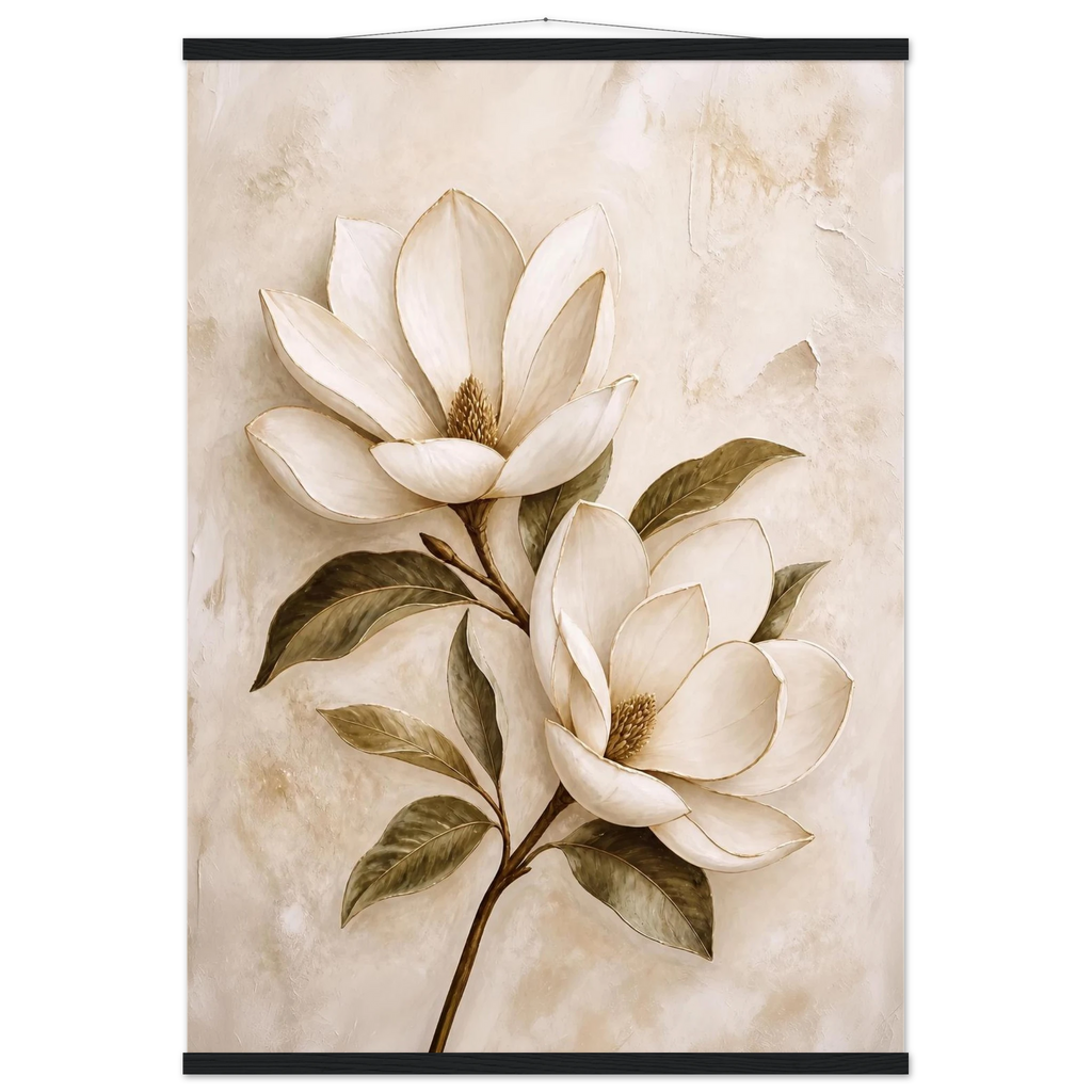 Gilded Magnolia, flowers and botanical. Archival fine art poster shown framed.
