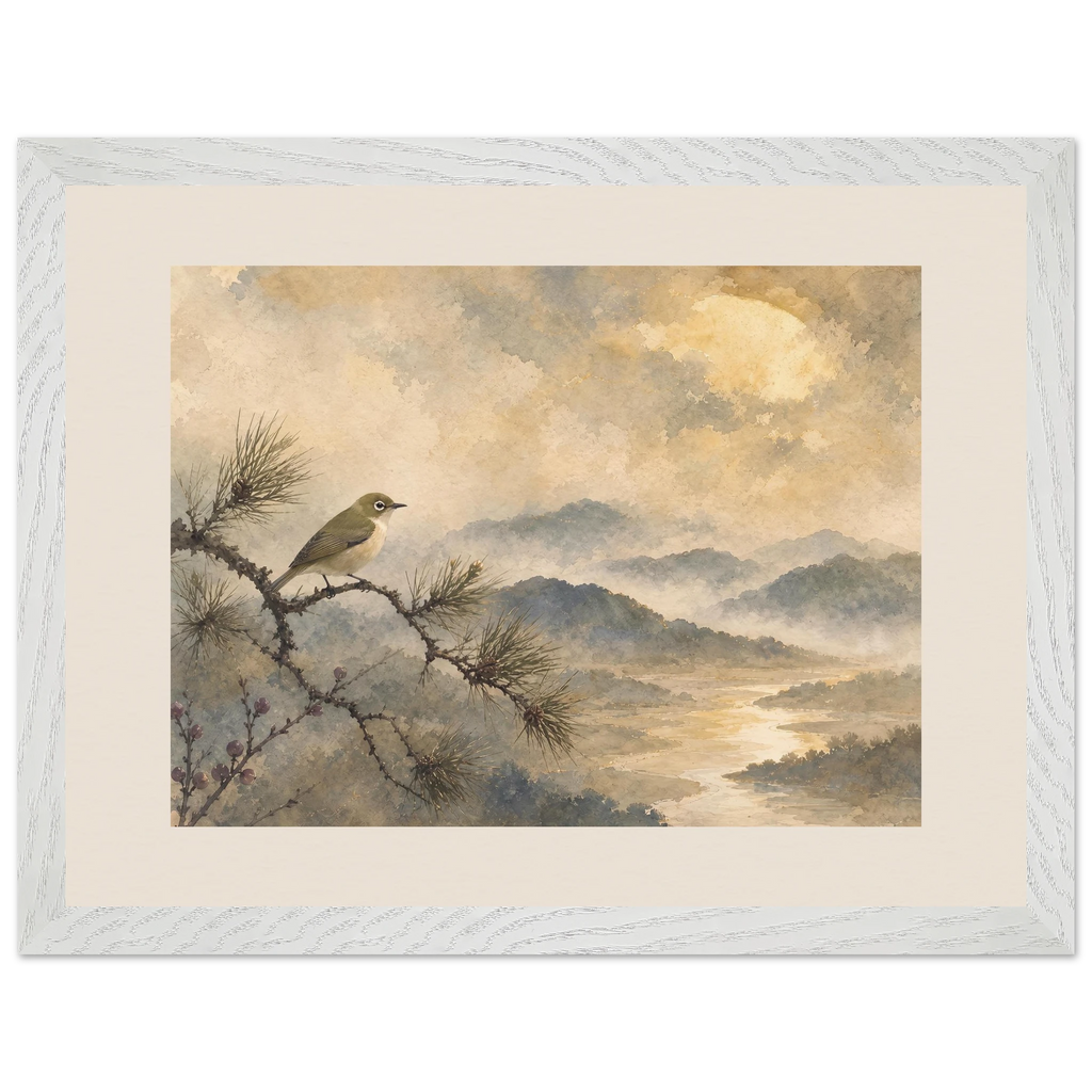 Golden Moon Bird: japanese art and japandi. Framed fine art print by The Light Stays.