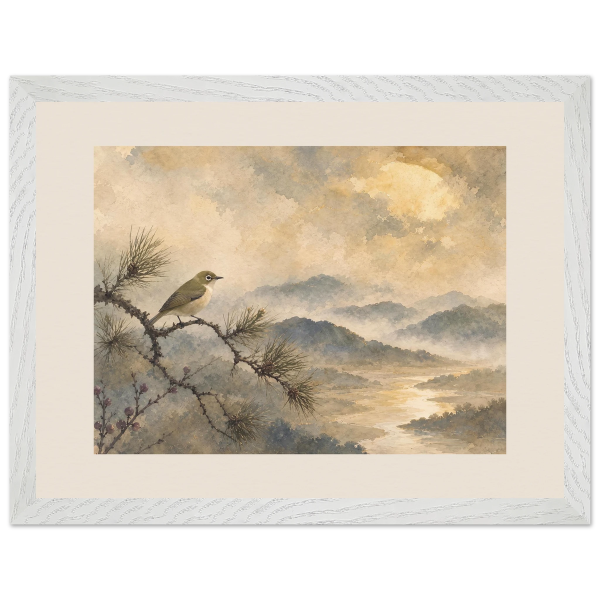 Golden Moon Bird: japanese art and japandi. Framed fine art print by The Light Stays.