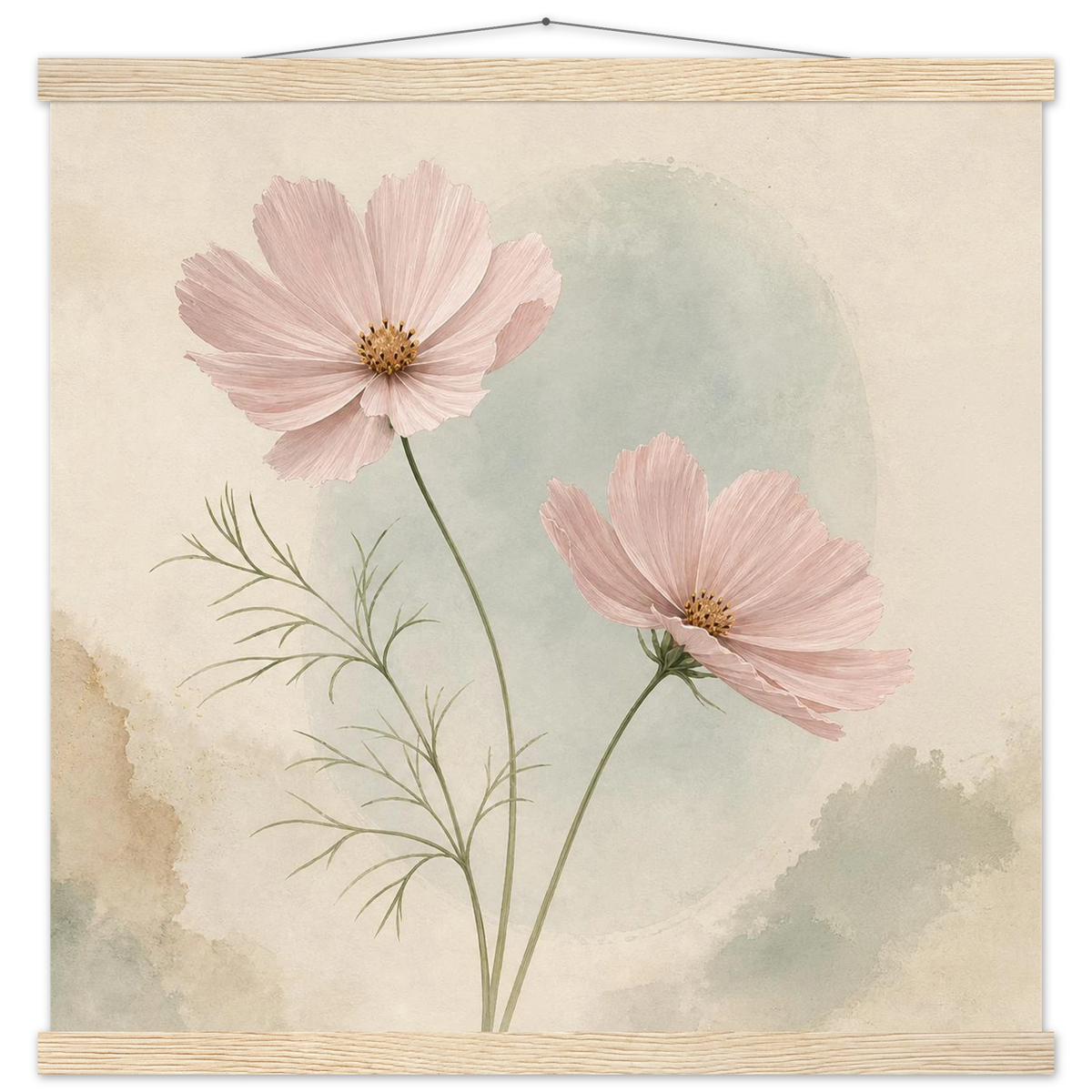 Cosmos Unison: flowers, blush and celadon. Fine art poster with wooden hanger by The Light Stays.